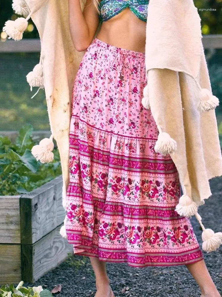 Kjolar lyckliga drottningar kvinnor grön blommig tryck etnisk strand bohemisk kjol dam vintage hög elastisk midja rayon bomull boho maxi