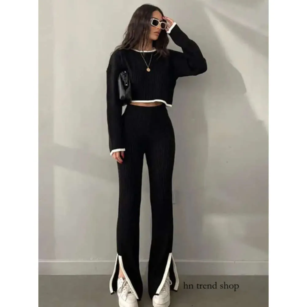 Women's Two Piece Pants Knit Two Piece Set Women Casual Panelled Side Split Trouser Suits Female 2023 Spring Crop Sweater High Waist Ladies Suits 115