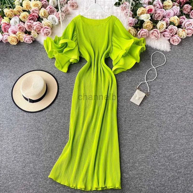 Grundläggande casual klänningar chic elegant ruffle hylsa klänning strand semester kväll fest midi flare klänning kvinnor avslappnad koreansk mode sommar vestidos 240419