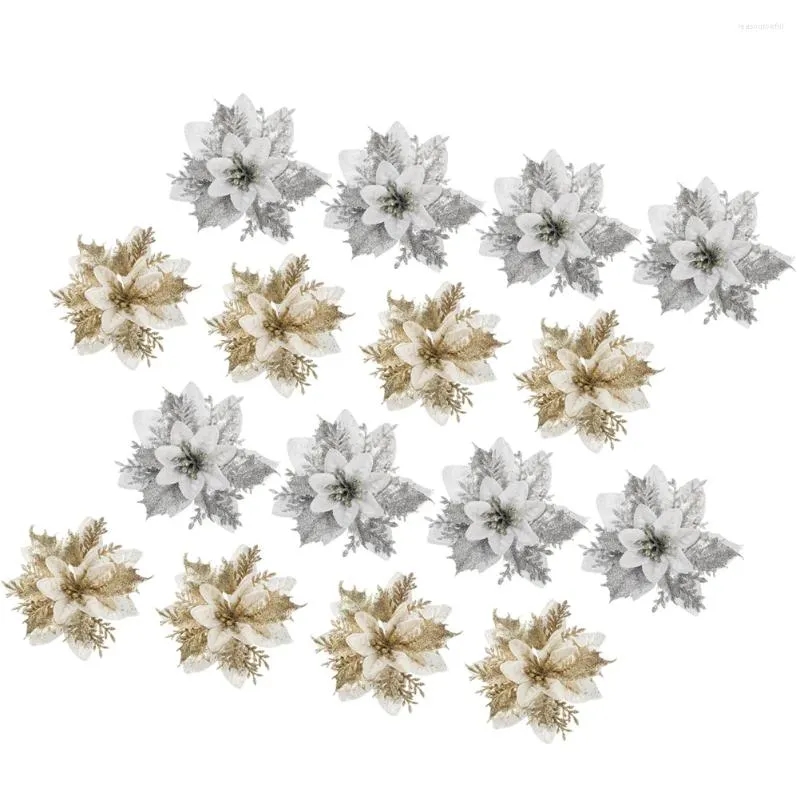 Fleurs décoratives 24pcs Poinsetttia de Noël Artificiel Ornements d'arbre de fleurs