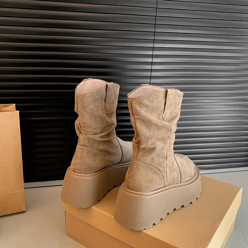 Suede Platform Ankle Boots For Women Mid Heel Walking Shoes Non Slip_voghion.com