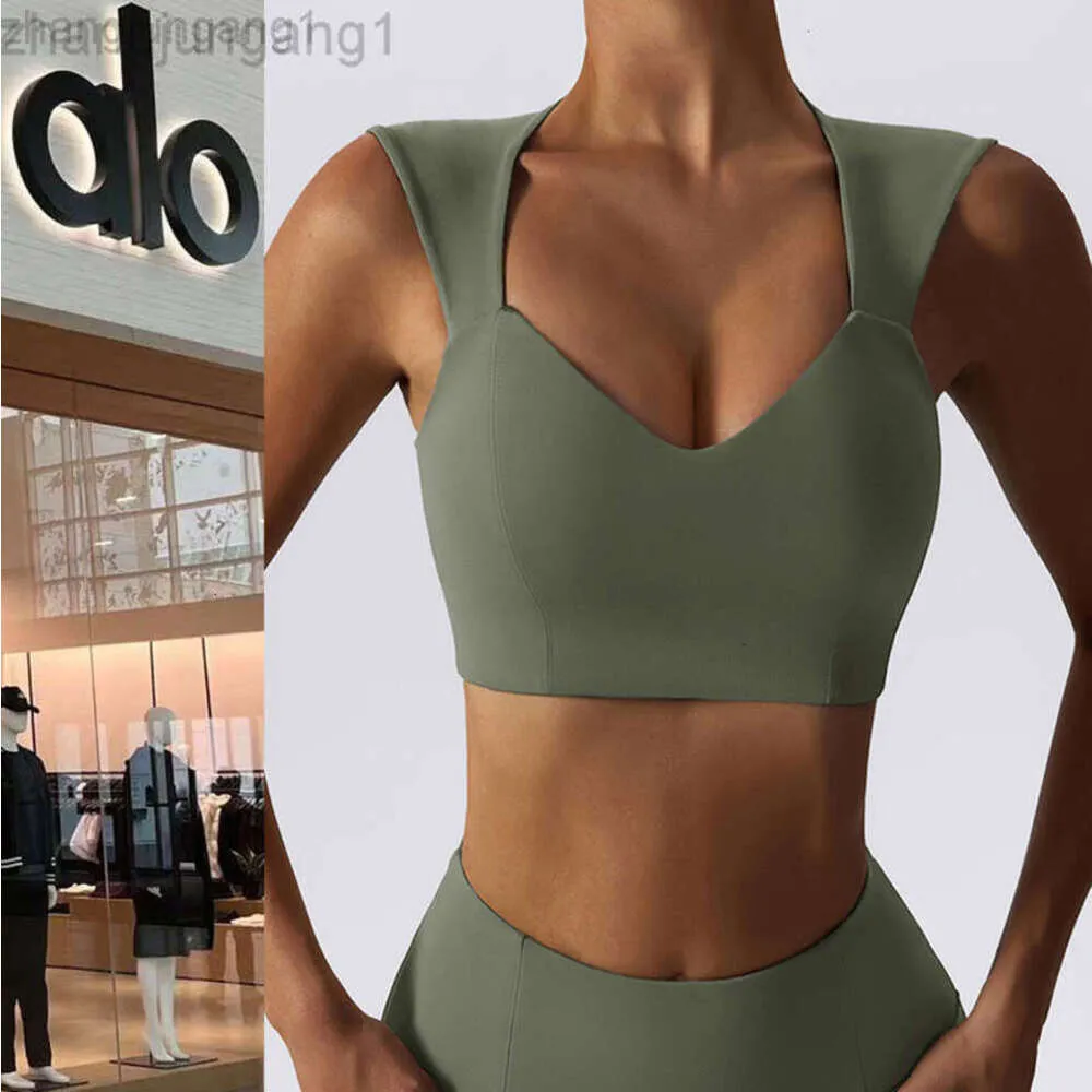 Desginer Alooo Yoga Aloe Top Shirt Clothe Short Woman Ytterkläder som kör tätt fitness snabb torr kort sportstopp med bröstkuddar