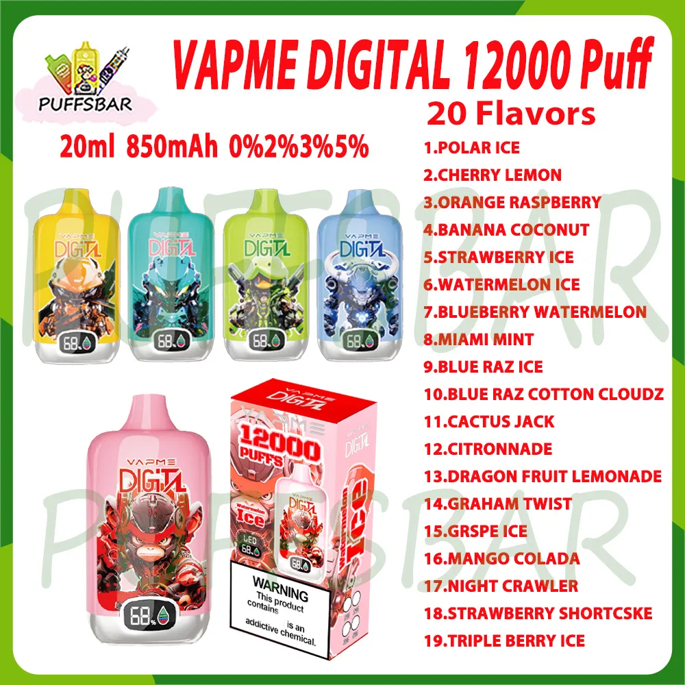 本物のvapmeデジタル12000パフ使い捨て電子タバコ20ml 20フレーバー0％2％3％5％充電式バッテリー12K