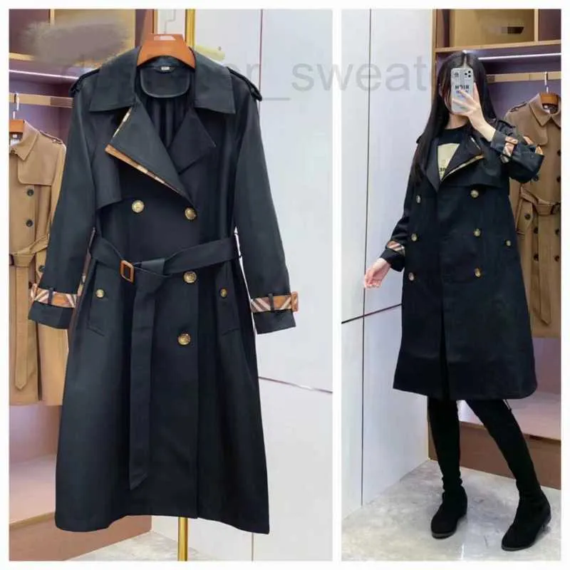 Женские траншевые пальто дизайнерские клетчатые воротницы с двойной кнопкой средней длины ветры Black N0y4