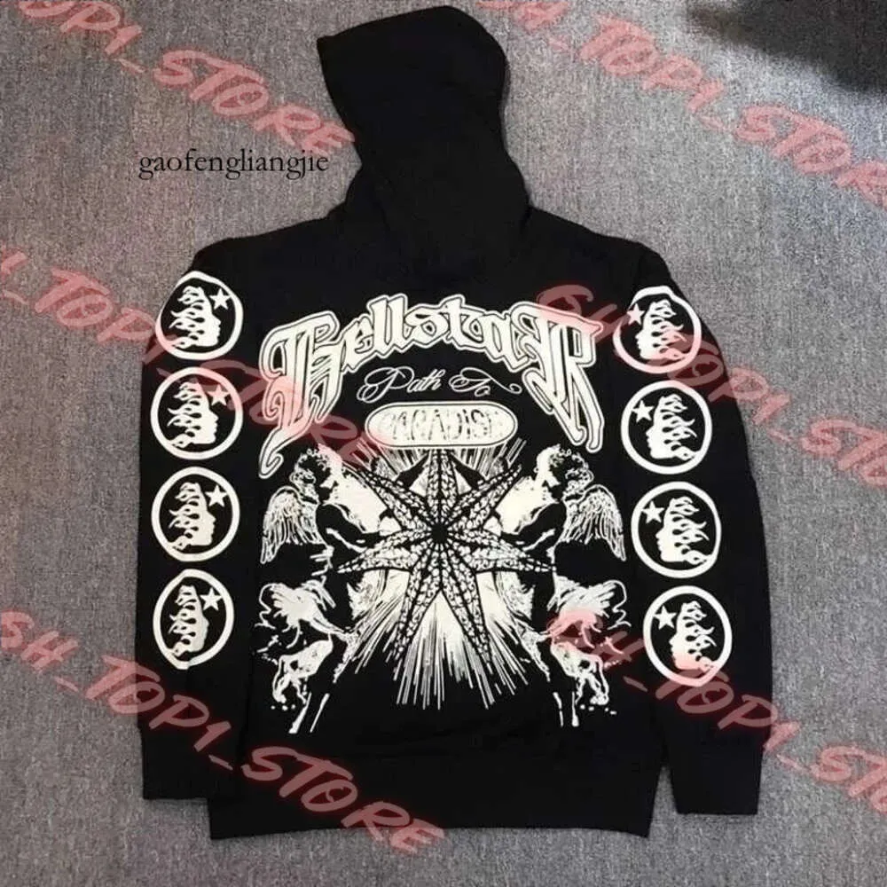 Rock Hip Hop Street Hellstar Hoodies Set Washed Flame Letter Print Hooded Pullover Män Kvinnor Överdimensionerade Hell Star Sweatshirts 141