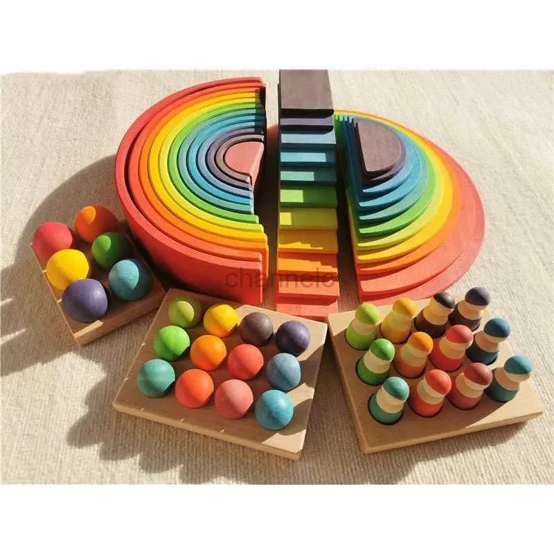 3D -pussel högkvalitativa träleksaker Lime Trä Rainbow Arch Stacking Blocks Building Semi Color Sortering Peg Dolls Balls Slat For Kids Play 240419