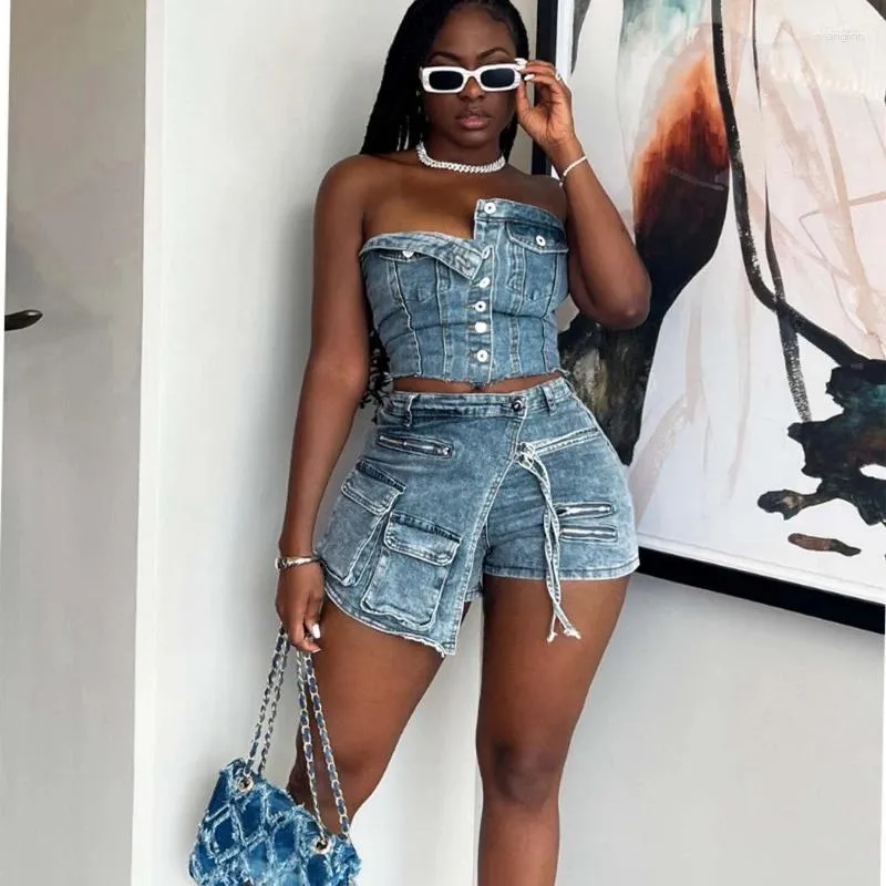 Traccettaci da donna Donne Cargo Denim da 2 pezzi Set singolo a petto canova senza spalline Tops multipli Shorts Shorts Shorts Stretch Jeans Culotte