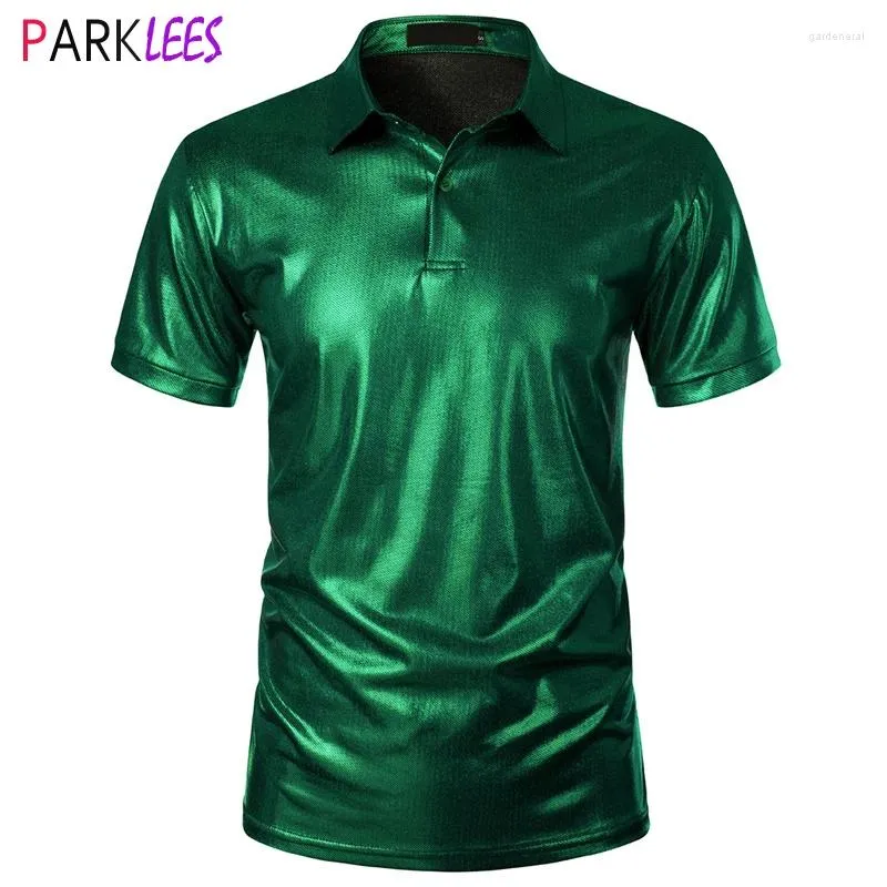 Polos maschile maschile a maniche corte metalliche Green Shirt 2024 Brand 70s Disco Nightclub Party Tshirts Abbassa il colletto Para Hombre