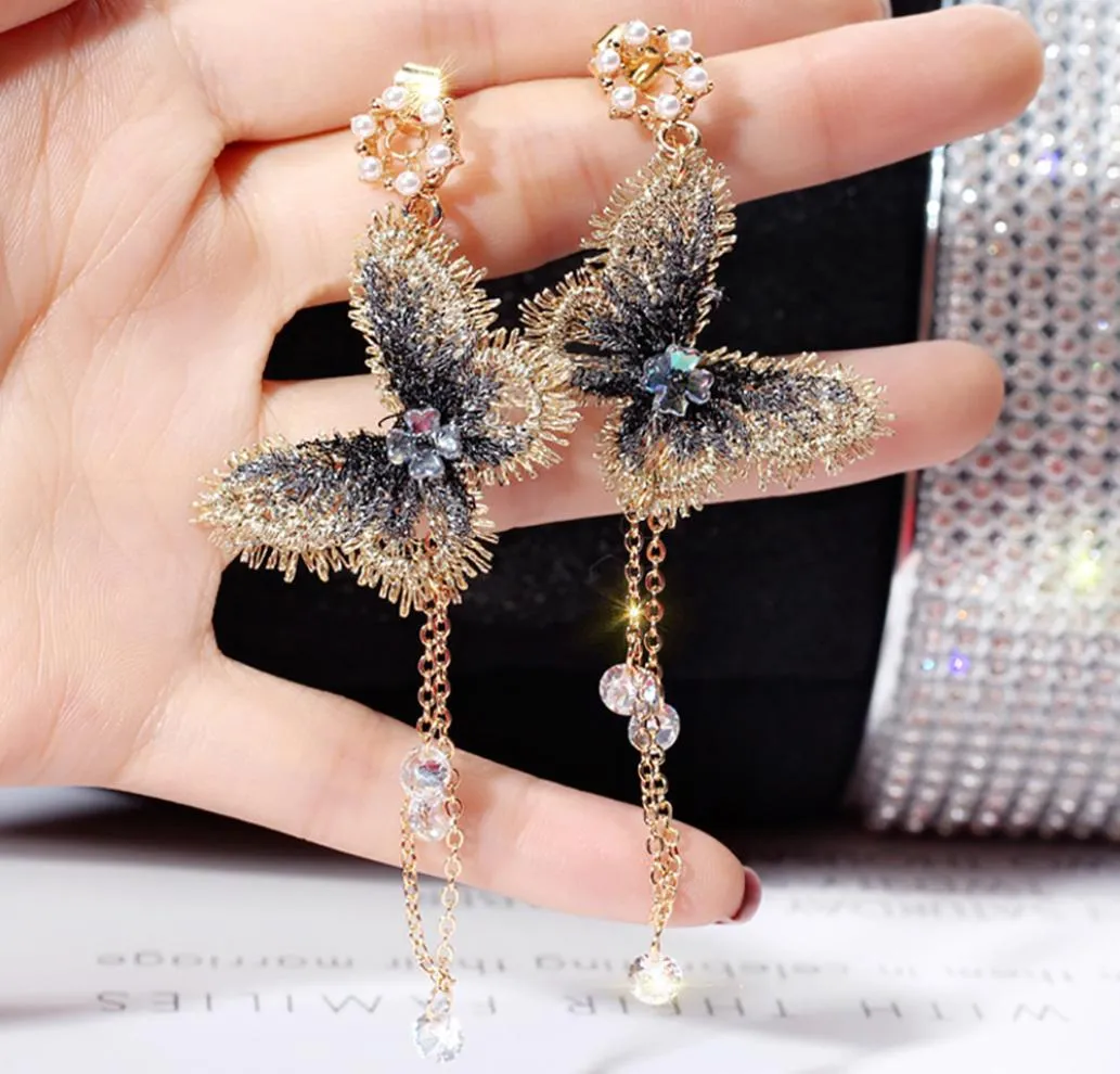 2019 New Fashion Women Pearl Earrings Embroidery Butterfly Crystal Long Tassel Drop Dangle Earrings Jewelry for Girls Gift3174497