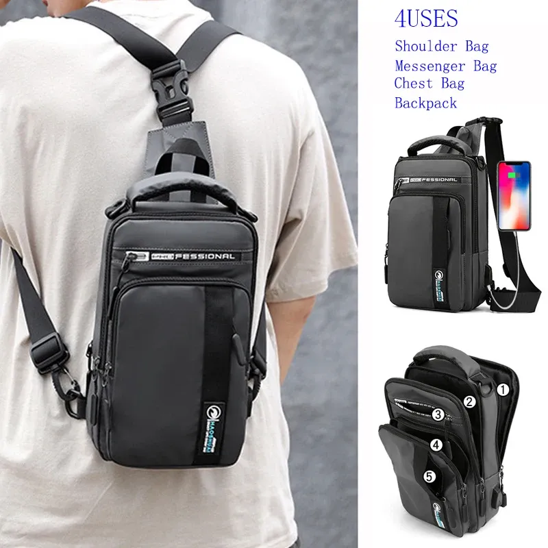 Bags Small Backpack Chest Pack Shoulder Bag for Men with USB Charging Port Travel Male Nylon Sling Messenger Rucksack Cross body Bags