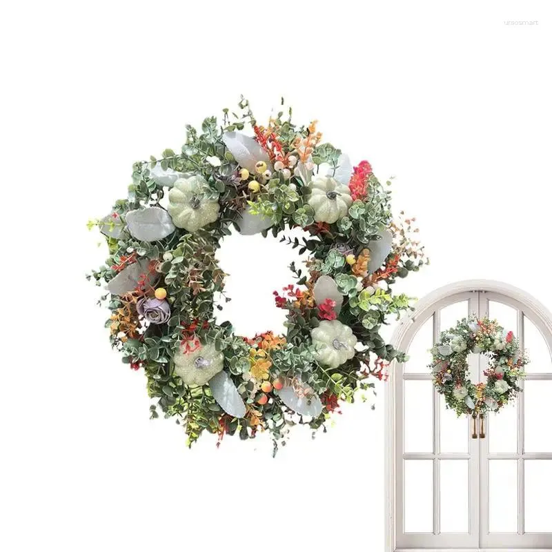 Decorative Flowers Autumn Wreath Thanksgiving Door With White Pumpkin Artificial Lamb's Ear And Eucalyptus Leaves Decor Farmhouse Rustic