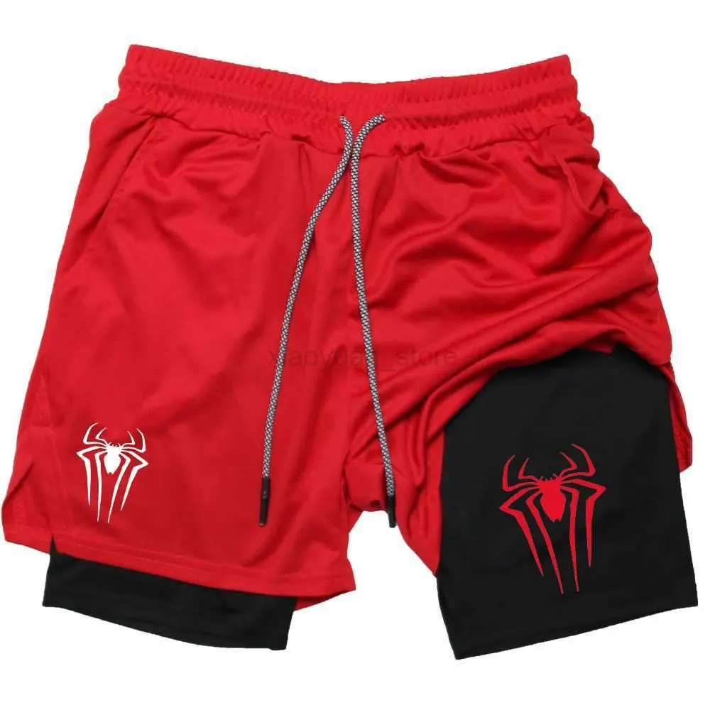 Pantalones cortos para hombres estampado de araña 2 en 1 pantalones cortos de compresión para hombres entrenamiento deportivo de gimnasio Y2K pantalones cortos con bolsillos 5 pulgadas de verano rápido seco transpirable 240419 240419