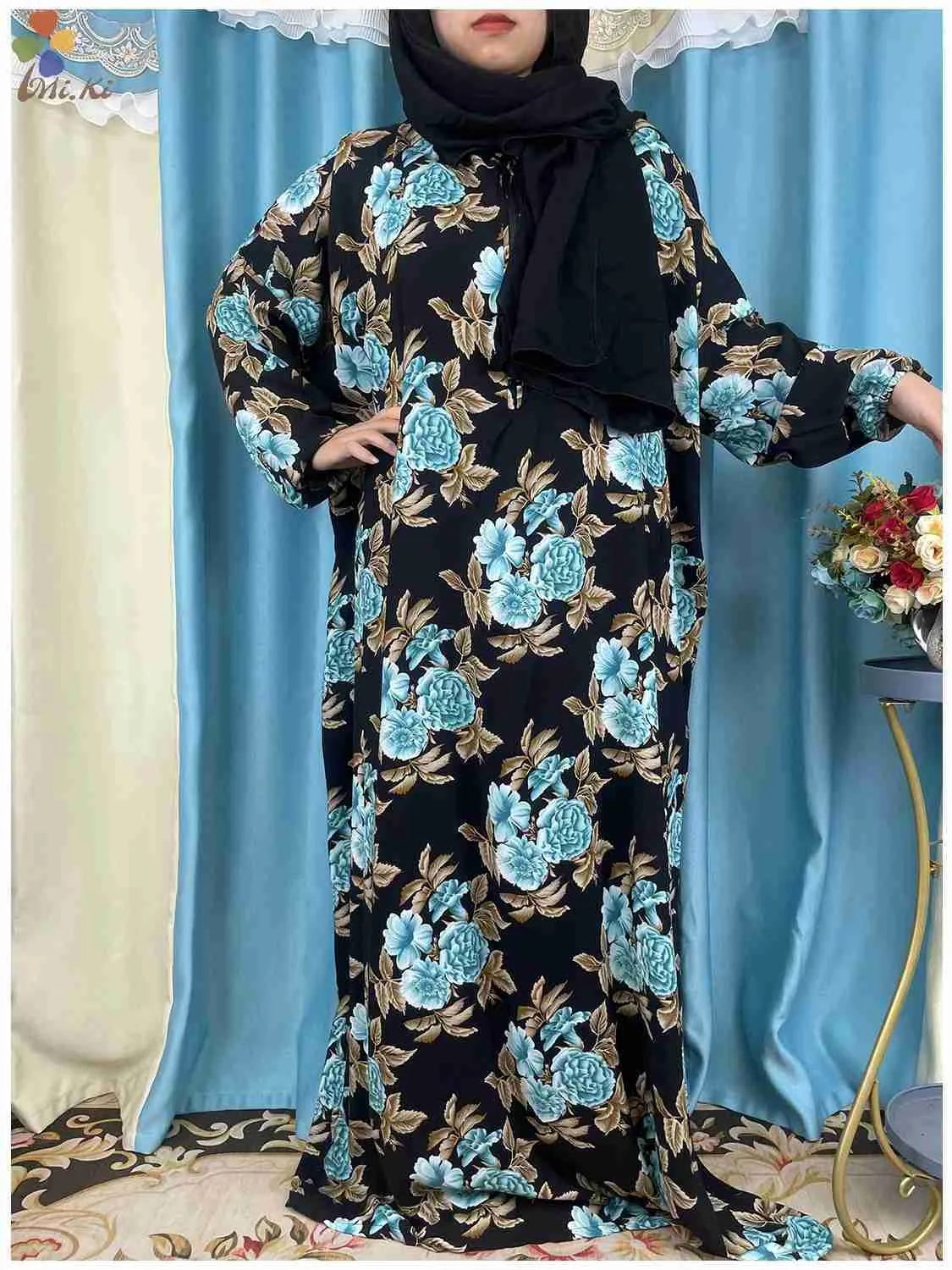 Abbigliamento etnico 2024 Nuove donne africane Abayas Ramadan Preghiera Dubai Turchia Medio Oriente Femme Rayon Robe floreale Ablio Africano Ablio Turban Joint D240419