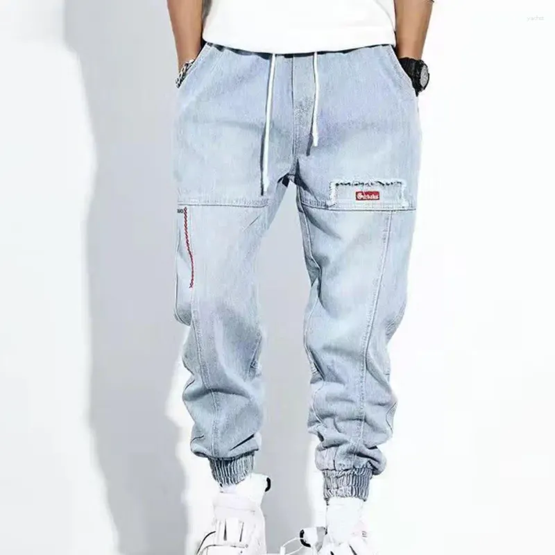 メンズジーンズ2024サマージョガーシンパンツコットンパンツ韓国スタイルライトブルーヒップホップビームフィートカジュアルズボン男性