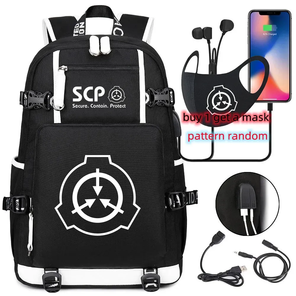 Sacs SCP Fondation Backpack Black Bookbag Cartoon School Sacs pour adolescents enfants SCP Bagpack Bagpack USB ordinateur portable