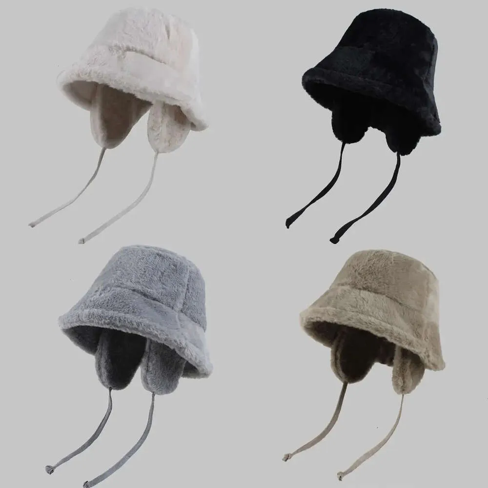 Ear Korean Protection Bucket Hats for Women Autumn and Winter Travel Versatile Warm Retro Solid Color Plush Mens Caps 240126