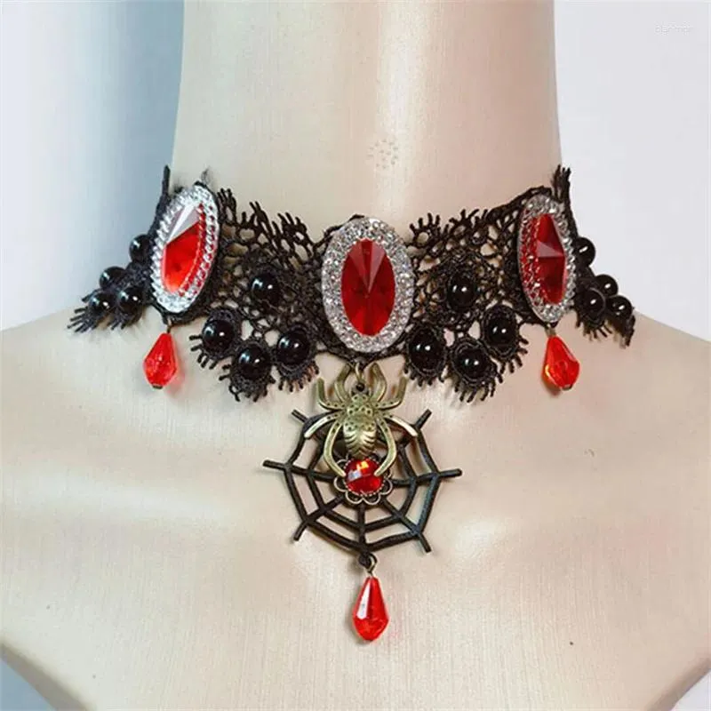 Charker Gothic Victorian Lace Spider Colar para mulheres pretas de pingente de cristal de cristal colares lolita bead jóias
