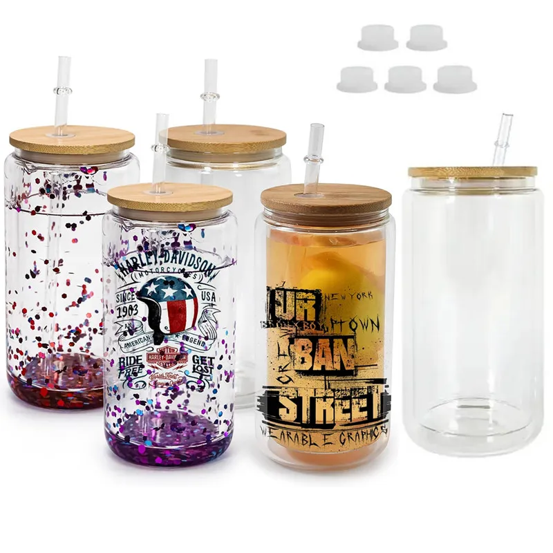 16oz Sublimation Snow Globe Glass Tumbler Double Wall Blanks Snowglobe Cups Juice Jar Can Mugs With Bamboo Lids And Pre-Drilled Hole & Stopper For Fill Glitter Bling