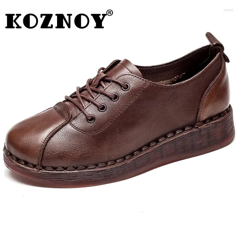 Casual schoenen Koznoy 3cm Retro Ethnic Cow Natural Lederen Leather Comfy Flats Veter Up Outdoor Walking Soft Autumn Summer Ladies Spring