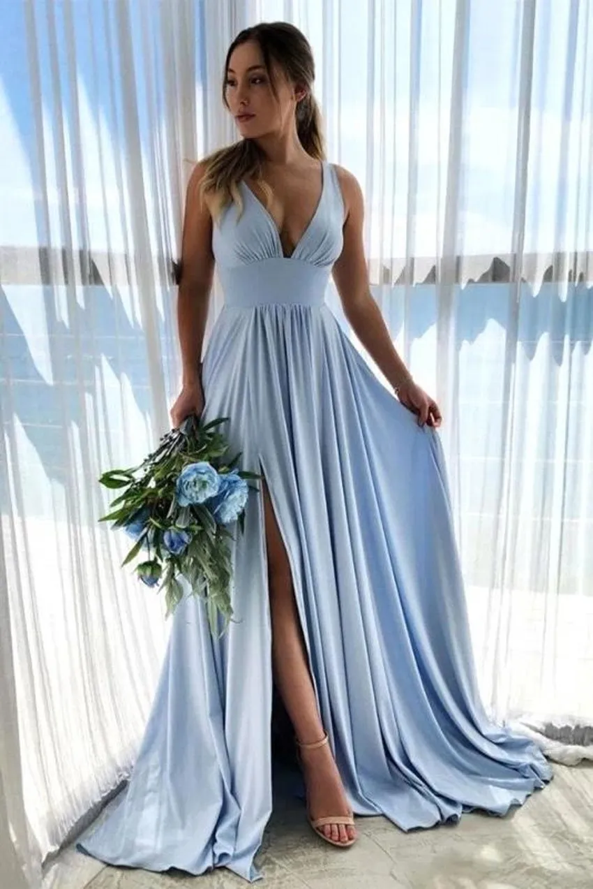 satin sky blue bridesmaid dresses Zapakasa Women Mermaid Halter Dusty Blue Long Satin Bridesmaid Dress Sheath  Prom Dress main image 0