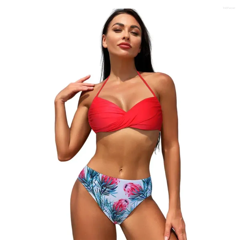 PCS / Set Bikini Set Leaf Imprimer le cou licou à lacets Spaghetti Spaghetti haute taille à trois pointes du maillot de bain de vacances à sec à trois pointes