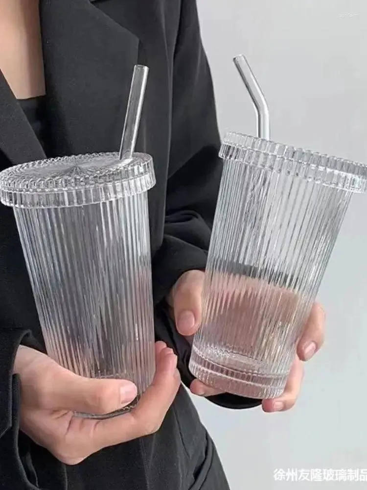 Vingglasögon minimalistisk vertikal randig kopp med lock ins hög estetiskt glas vatten hem mjölk kaffe gåva