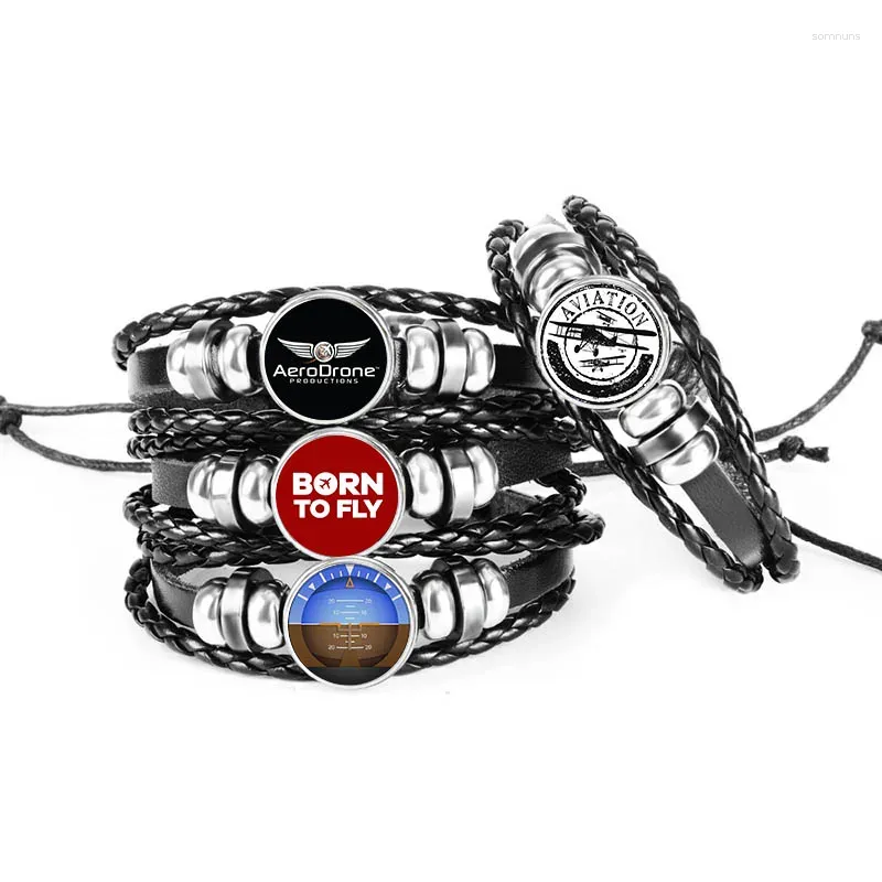 Bracelets de charme Mulheres moda moda preta de pulseira de couro trançado elementos de avião clássico de jóias de cúpula de vidro de 18 mm para homens