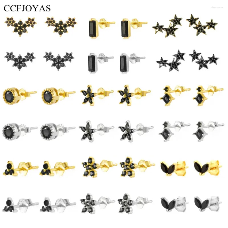 Серьги с шпилькой CCFJoyas 925 Серебряный серебряный серебряный черный цвет циркон круглый/цветок/прямоугольник/маркиза в форме для женщин пронзительные украшения