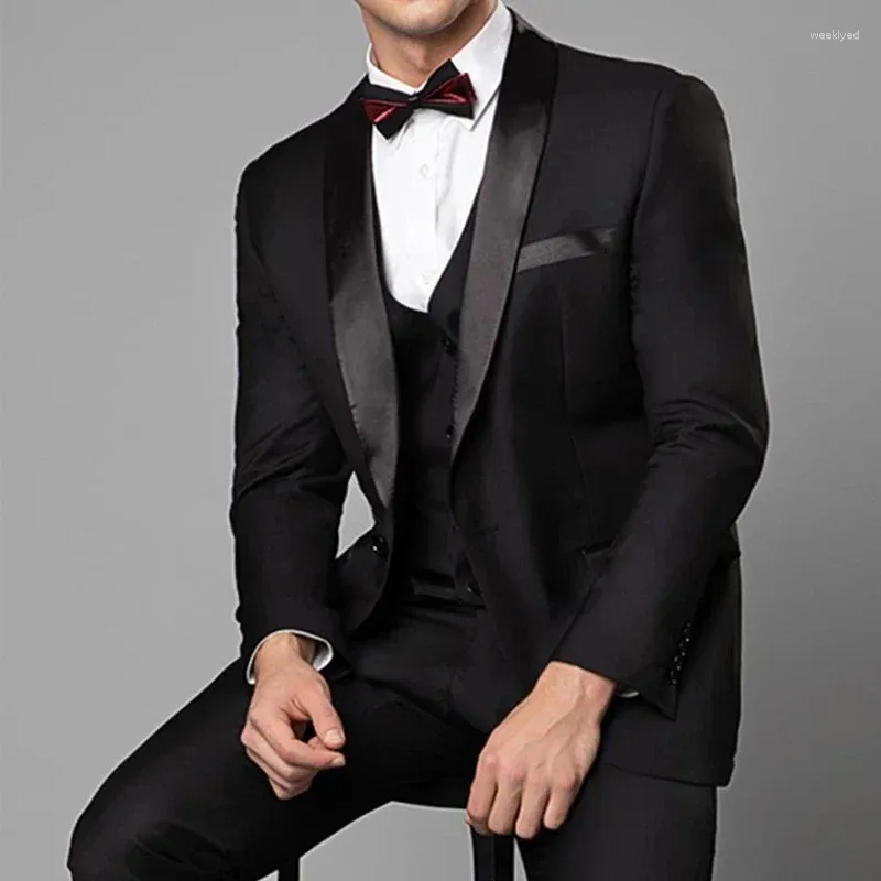 Costumes masculins 2024 Châle noir revers officiel Mariage formel Elegant Men Groom Tuxedo Prom Slim Fit Blazer Hombre High Quality Custom 3 Pieces Set