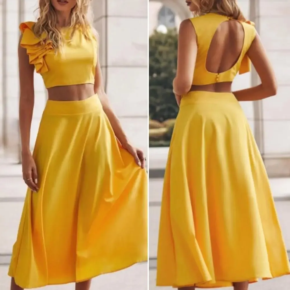 Des robes longues d'été ensembles femmes se déroulent en deux pièces Holiday Tops sexy et costume de jupe jaune boho off épaule Vestido de Mujer 240417