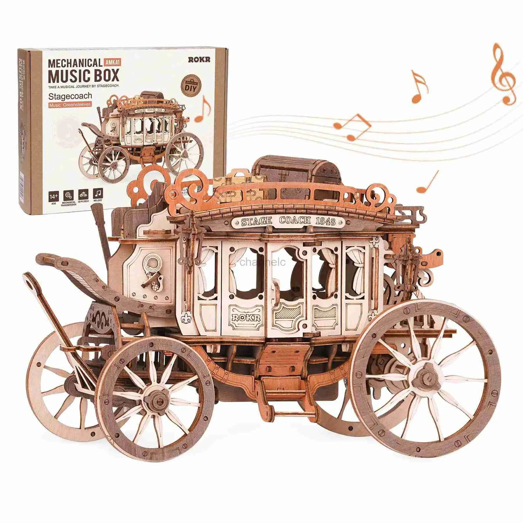 3D Puzzles Robotime Wooden Music Box Puzzle 3D Puzzles Mechanical Construction Construction Birthday Birthday Birthday Day Gift Kits Stogecoach 240419