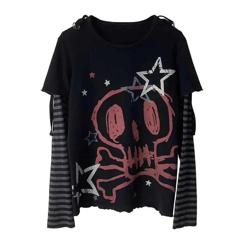 Autumn Winter Y2K Subculture Tshirt Long Sleeve Faux Two Piece Harajuku Loose Punk Tees Casual Rock Emo Grunge Aesthetic Tops 240409