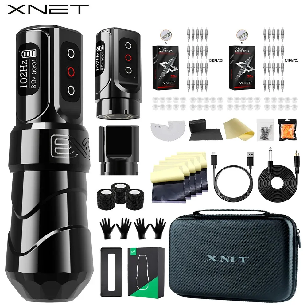 Xnet Flux Max Wireless Tattoo Machine Kit Rotary Tattoo Pen with Extra 2400MAh Power 40pcs Blandad tatueringskassett för tatueringskonst 240415