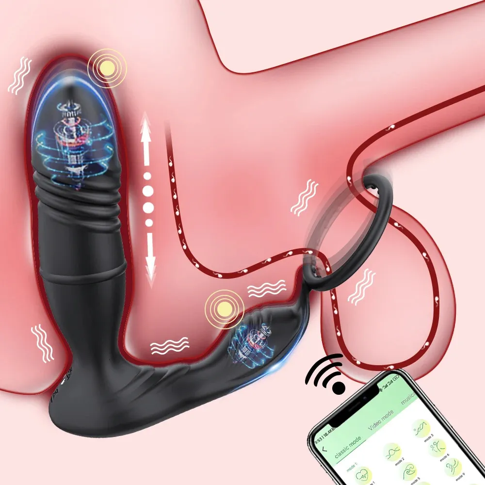 Bluetoothアプリ男性アナルプラグバイブレータースラスト前立腺刺激装置マッサージャーワイヤレスリモートバットセックスおもちゃゲイ240412