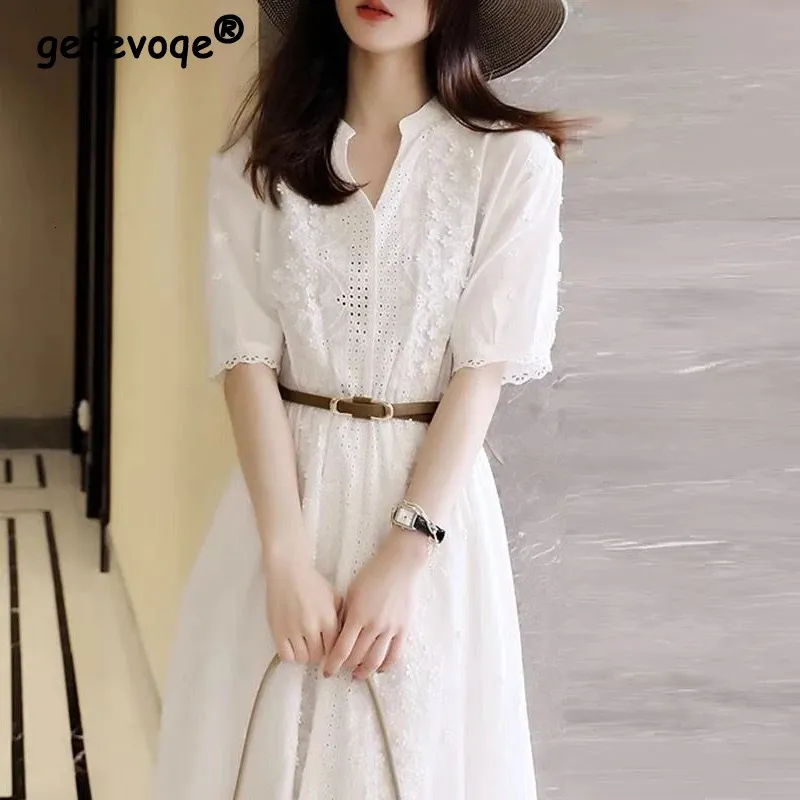 Été élégant mode blanc broderie robe creux dames manches courtes simples taies décontractées robes en ligne sweet cotton robe 240417