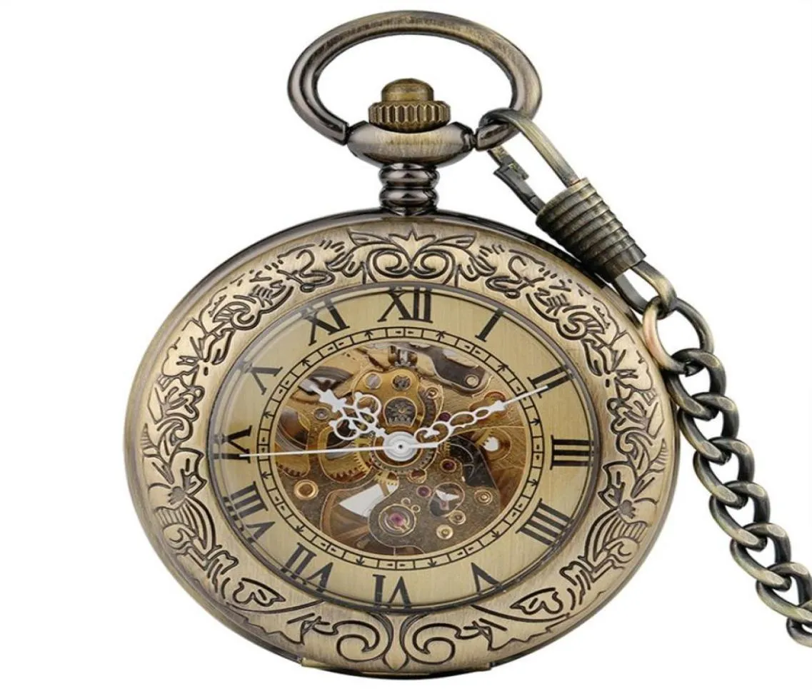 Bronze Vintage Pocket Watch números romanos Esqueleto de esqueleto Relógios mecânicos automáticos homens Mulheres de auto -obtenção de relógio pingente chil3031233162