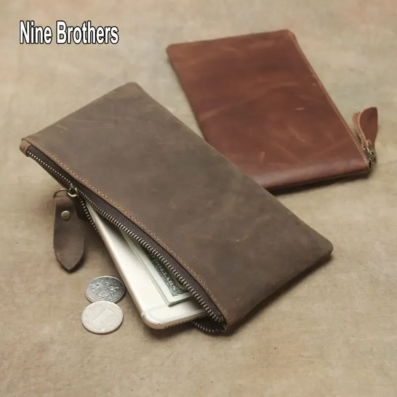 Wallets Classci Retro Crazy Horse Leather Men's Zipper Wallet Clutch Bag Long Wallet Genuine Leather Cowhide Male Phone Purse