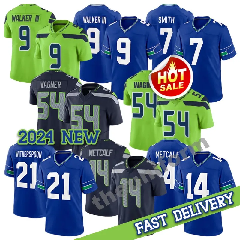 54 Bobby Wagner 9 Kenneth Walker III Jerseys de football américain 7 Geno Smith 14 DK Metcalf 21 Devon Witherspoon Football Jersey Taille S-3XL