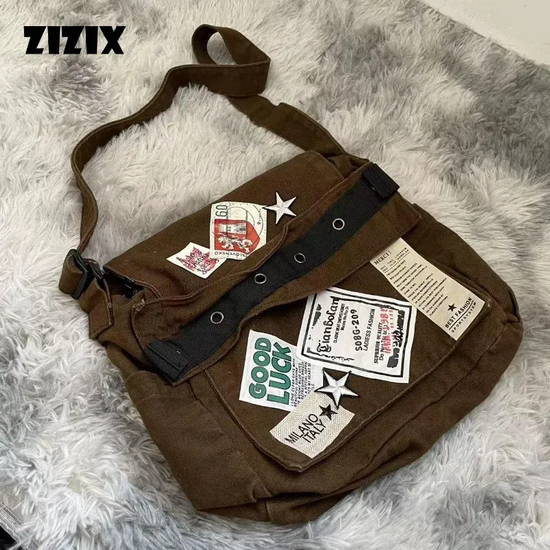 Torby Y2K Messenger Bor Brown Old School Styl Patch Canvas School Torby Street Cool Vintege Cross Body Book Bags College