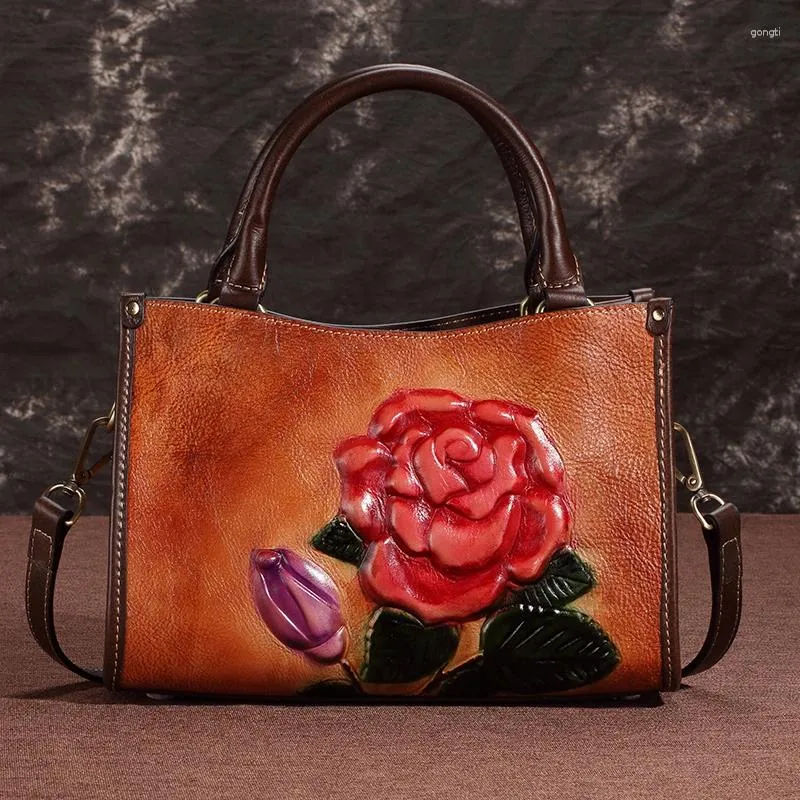 TOTES 2024 Femmes de haute qualité Épaule à bandoulière Tote Sacs Lotus Match Floral Retro Retro Sac à main authentique messager en cuir