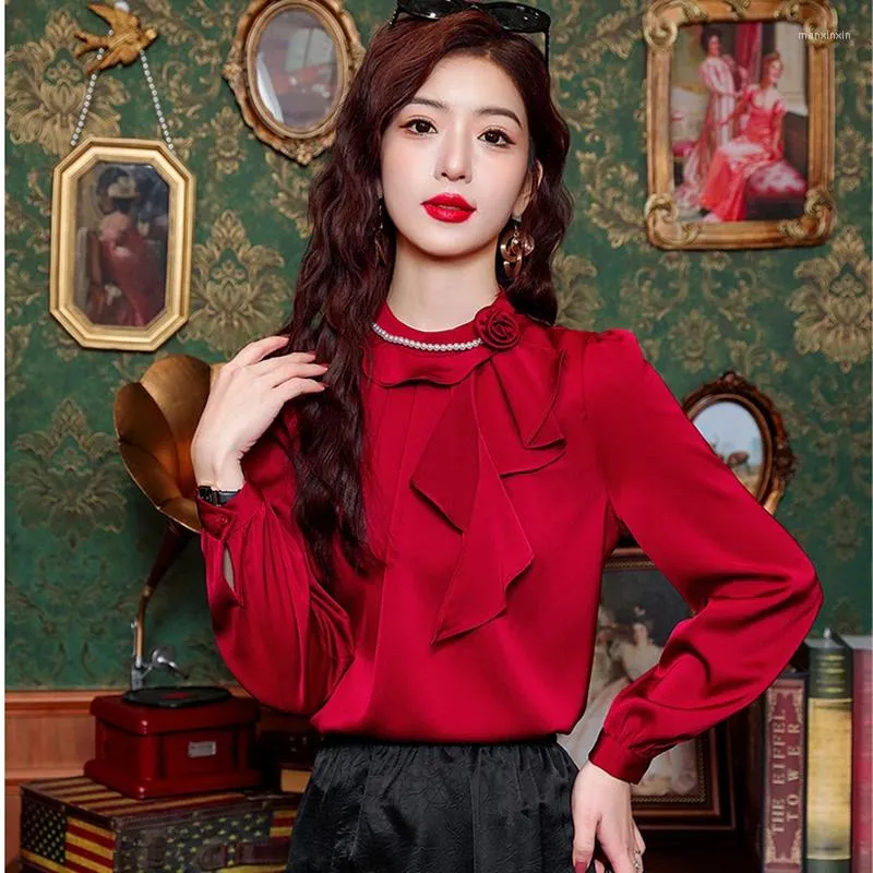 Frauenblusen 2024 Frühling elegant rote Satin Frauen Perlen Rüschen Bluse Langarm Mode koreanische Büro Damen Arbeit Hemd Grundfutter Frau