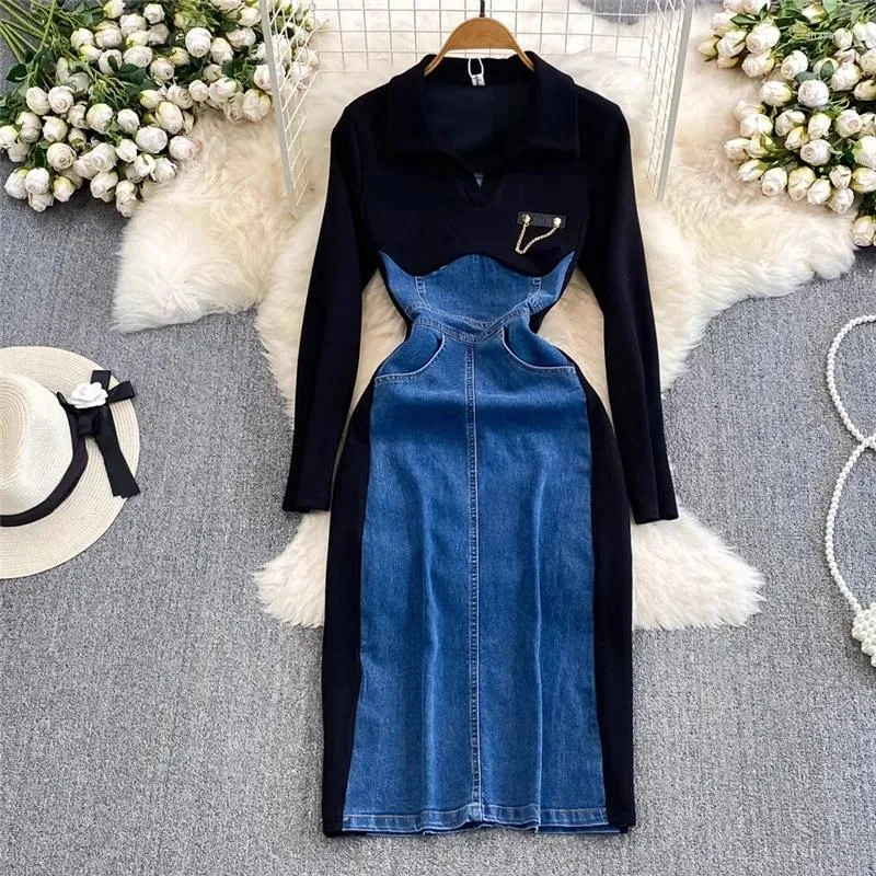 Casual Patchwork Contrast V Neck Long Sleeve Dresses Casual Patchwork Contrast V Neck Long Sleeve Dresses