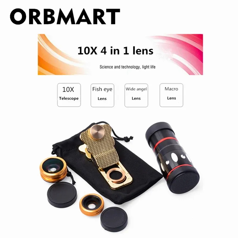 Телескопы Orbmart Universal 4 в 1 Clip 10x Zoom Telecope Telecope Fisheye Широкий макрообъектив для iPhone SE 6 6S плюс Samsung S7 S6 Redmi Phone