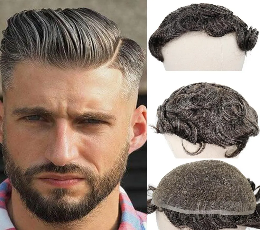 40 Gray Human Hair Mens Toupee Indian Remy Hair Replacement System 6 inch Curly Toupee voor mannen French Lace Hairpiece51144406