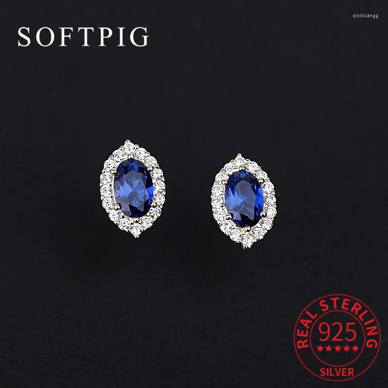 Kolczyki na stadninie SoftPig Real 925 Srebrny srebrny cyrkon niebieski owalny kryształ dla mody imprezowy gotycki akcesoria biżuterii