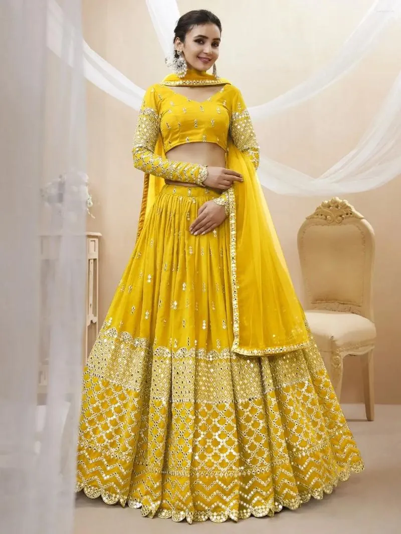 open lace back dress Mustard Yellow Lino Silk Ruffle Party Wear Lehenga Choli
