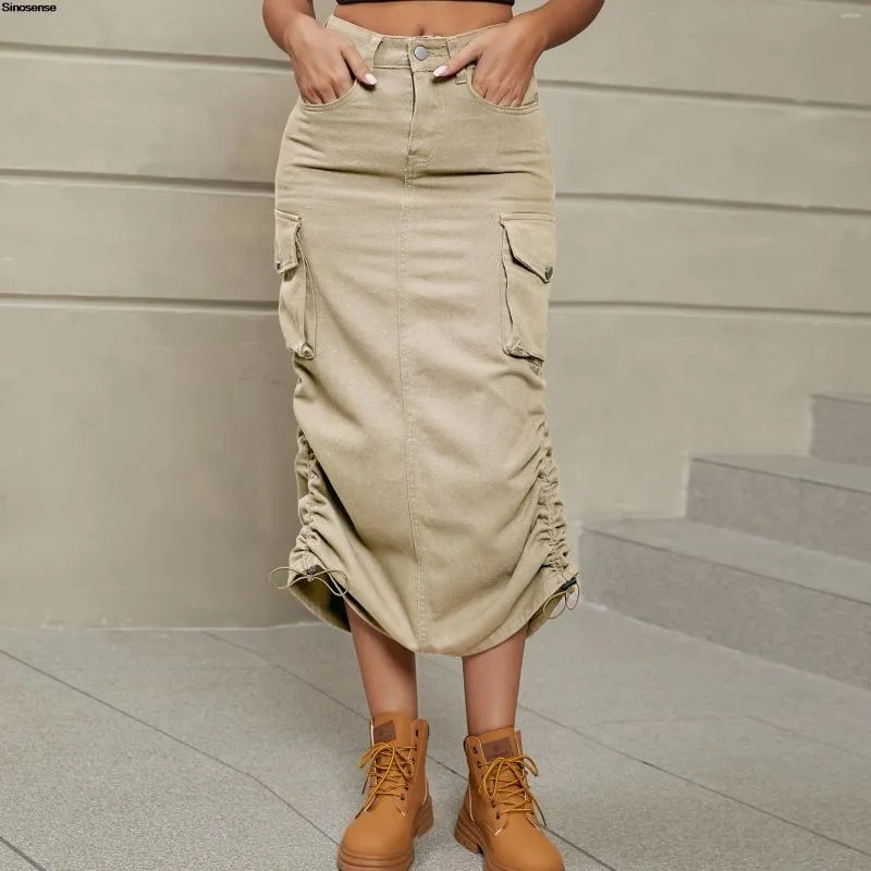Skirts Cargo Skirt Women Button Maxi Jeans Y2K Streetwear Casual Low Waist Side Drawstring Ruched Long Denim With Pockets