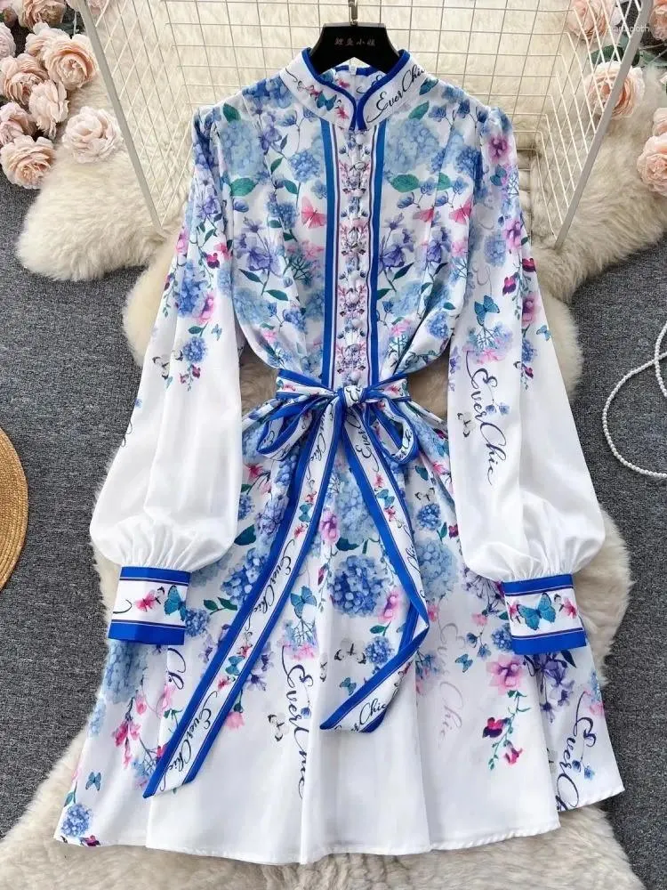 Sukienki swobodne 2024 Fashion Hortense Flower Sukienka damska stojak Latarning Latarn Single Kwiatowy nadruk koronkowy pasek mini vestidos