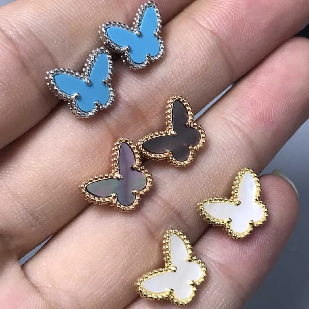 Top designer earrings Vancleff 925 Silver Needle Rose Gold Earrings Natural White Fritillaria Butterfly Earrings Blue Agate Earrings