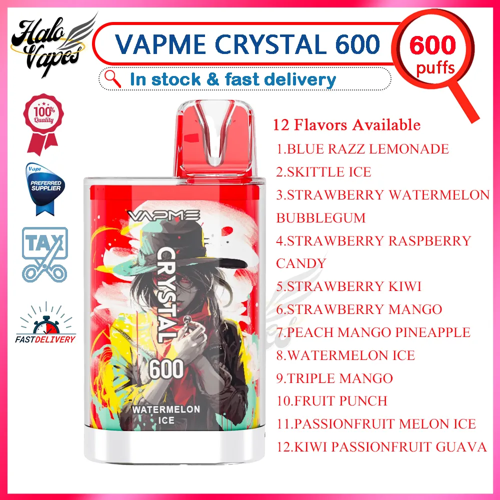 Original Vapme Crystal 600 Puff Disposable Vape Pen 0% 2% 3% 5% Mesh Coil 2ML POD 550mAh Batteris Puffs 600 E Cigaretter 12 smaker i lager